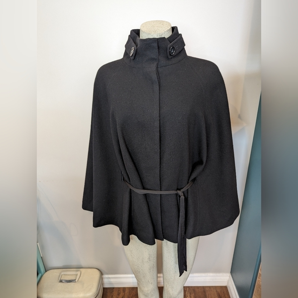 Vintage Wool Cape, Black Wool Blend With Satin Tie Size M Loose Fit